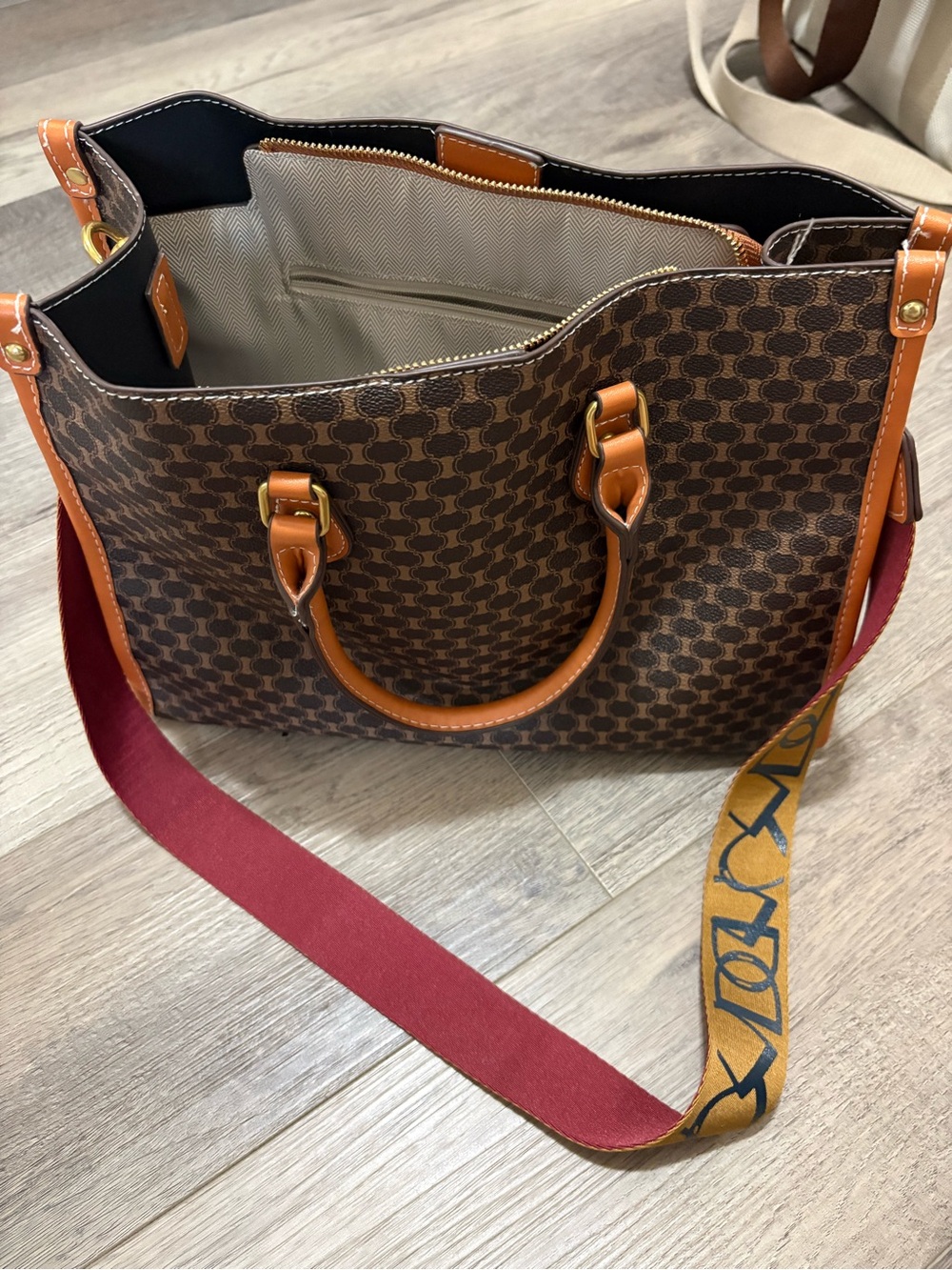 Brown Patterned Leather Tote with Red Strap - Unbranded